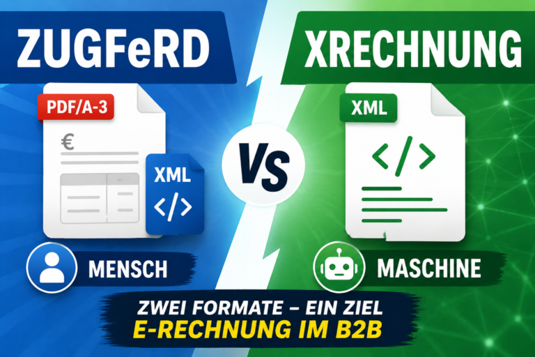 Vergleich XRechnung und ZUGFeRD: reines XML-Format für Behörden gegenüber hybridem PDF-Format für den B2B-Bereich